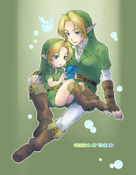2boys blonde_hair blue_eyes boots dual_persona earrings fairy handheld_game_console hat jewelry link male_focus multiple_boys navi nintendo nintendo_3ds pointy_ears teru_suzu the_legend_of_zelda the_legend_of_zelda:_ocarina_of_time tunic young_link