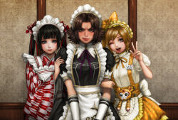 apron black_hair blonde_hair blunt_bangs blush brown_eyes brown_hair da_qiao_(shin_sangoku_musou) frilled_apron frills furrowed_brow green_eyes grimace high_collar japanese_clothes kimono lips lipstick maid maid_apron maid_headdress makeup mitsuya musou_orochi official_alternate_costume one_eye_closed parted_bangs parted_lips sengoku_musou shin_sangoku_musou smile sweatdrop tachibana_ginchiyo wink xiao_qiao