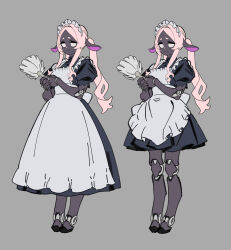 1girl animal_ears animal_nose bare_arms bare_legs commentary dark-skinned_female dark_skin duster english_commentary frown full_body grey_background highres holding holding_duster long_hair looking_at_viewer maid maid_headdress mechanical_arms mechanical_legs multiple_views original parted_bangs pink_eyes pink_hair puffy_short_sleeves puffy_sleeves sheep_ears short_sleeves sidelocks simple_background somersaultdropkick twintails very_dark_skin