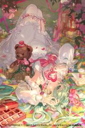 1girl artist_name bad_source blush bow box breasts character_name chocolate closed_mouth copyright_name detached_sleeves dress flower food frills full_body garter_belt gift gift_box green_eyes green_hair hair_between_eyes hair_bow hair_ribbon hatsune_miku highres hitokoto holding long_bangs long_hair long_sleeves looking_at_viewer lying official_art on_back petals ribbon rose sleeves_past_wrists solo stuffed_animal stuffed_toy teddy_bear thighhighs vocaloid watermark wavy_hair white_dress white_thighhighs