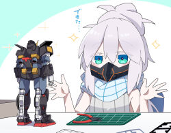 1girl absurdres blue_eyes blush clippers colored_eyelashes commentary_request deux_murasame gundam gundam_gquuuuuux gunpla hands_up highres long_hair looking_at_object mask model_kit mouth_mask nkeo psyco_gundam scarf simple_background sleeveless solo sprue star_(symbol) table toy translation_request upper_body white_hair white_scarf