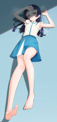 1girl absurdres aokaze_nana barefoot black_hair blue_eyes blush feet half-closed_eyes highres kimi_to_idol_precure long_hair looking_at_viewer lying on_back open_mouth parted_lips precure soles steam sweat tiler_(tiler00) toes