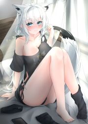 1girl absurdres animal_ear_fluff animal_ears barefoot black_hair black_panties black_shirt black_socks blue_eyes blush braid breasts cleavage feet fox_ears fox_girl fox_tail highres hololive indoors knees_up large_breasts long_hair looking_at_viewer multicolored_hair panties pentagram shirakami_fubuki shirt side_braid single_braid sitting smile socks solo st-147 streaked_hair tail underwear virtual_youtuber white_hair
