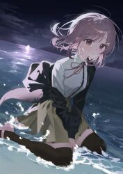1girl absurdres black_jacket black_shirt black_thighhighs chama_(chacoc0) collared_shirt danganronpa_(series) danganronpa_2:_goodbye_despair dress_shirt galaga hair_ornament highres jacket kneeing medium_hair miniskirt nanami_chiaki neck_ribbon night off_shoulder open_clothes open_jacket outdoors pink_eyes pink_ribbon pink_shoes pleated_skirt ribbon shirt shoes skirt solo tears teeth thighhighs water white_shirt