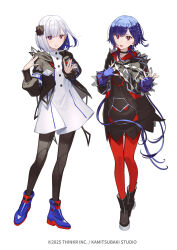 2girls black_boots black_choker black_hoodie black_jacket blue_boots blue_eyes blue_gloves blue_hair boots braid cevio cherico choker colored_inner_hair commentary_request copyright_notice diamond_earrings dress dual_persona earrings fingerless_gloves full_body gloves green_pupils hair_ornament hands_up highres hood hood_down hooded_jacket hoodie jacket jewelry kamitsubaki_studio long_sleeves medium_hair multicolored_eyes multicolored_hair multiple_girls official_art open_clothes open_jacket pantyhose red_eyes red_pantyhose rim_(kamitsubaki_studio) rime_(cevio) simple_background virtual_youtuber white_background white_dress white_hair