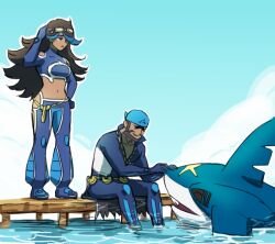 Rule 34 | 1boy, 1girl, archie (pokemon), artist name, black hair, blue hair, chips n cookies, eyewear on head, fish, gen 3 pokemon, hand on animal, long hair, nintendo, pokemon, pokemon (creature), pokemon oras, sharpedo, shelly (pokemon), water