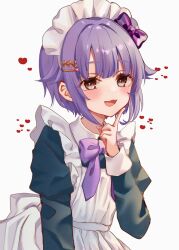 1girl :d apron black_dress blush bow brown_eyes collared_dress commentary_request dress frilled_apron frills grey_background hair_ornament hairclip heart highres idolmaster idolmaster_cinderella_girls idolmaster_cinderella_girls_starlight_stage juliet_sleeves koshimizu_sachiko long_sleeves looking_at_viewer maid maid_apron maid_headdress open_mouth puffy_sleeves purple_bow purple_hair rino_cnc short_hair simple_background smile solo striped_bow white_apron
