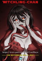 1girl alien black_hair black_sclera breasts cleavage colored_sclera colored_skin corset droid fingernails grey_skin hands_on_own_face highres large_breasts living_clothes long_hair long_tongue messy_hair mutation prehensile_tongue red_eyes red_nails sharp_fingernails sharp_teeth shiny_skin simple_background sith star_wars teeth tongue veins very_long_tongue zxpfer