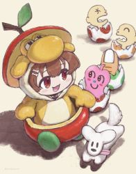1girl :d absurdres blush bone_hair_ornament brown_eyes brown_hair chibi cosplay dog gestart333 hair_ornament hairclip highres hololive hoso-inu inugami_korone listener_(inugami_korone) mario_(series) nintendo onesie open_mouth smile solo_focus virtual_youtuber yellow_yoshi yoshi yoshi&#039;s_crafted_world yoshi_(cosplay)