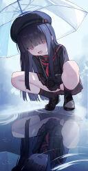 1girl absurdres beret black_choker black_gloves black_hair black_hat black_panties black_sailor_collar black_serafuku black_shirt black_shoes black_skirt black_socks blue_archive blunt_bangs blunt_ends blush choker commentary_request covered_eyes gloves halo hat highres holding holding_umbrella justice_task_force_member_(blue_archive) lishu_(2013547716) loafers long_bangs long_hair long_sleeves looking_at_viewer miniskirt neckerchief open_mouth panties rain red_halo red_neckerchief reflection reflective_water sailor_collar school_uniform serafuku shirt shoes skirt socks solo squatting thighs transparent transparent_umbrella umbrella underwear