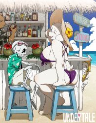 1girl 3boys alcohol animal_ears asgore_dreemurr ass bar_(place) barefoot beach beard bikini black_eyes blonde_hair blue_sky bone bottle breasts burgerpants chair cigarette claws cleavage cloud cloudy_sky coconut copyright_name crying day english_text eyebrows facial_hair fang flower furry furry_female game glasses glasses_on_head goat goat_boy goat_ears goat_horns goat_tail hair_flower hair_ornament hat hawaiian_shirt highres horns kamezaemon large_breasts leaf long_ears looking_at_another mature_female multiple_boys ocean one_eye_closed outdoors purple_bikini queen red_flower rocket_launcher rpg_(weapon) sad sans_(undertale) shelf shirt shorts sideboob sitting size_difference skeleton sky smile smoking straw straw_hat sun_hat swimsuit tail teeth toes toriel underboob undertale water weapon white_eyes white_horns yellow_flower