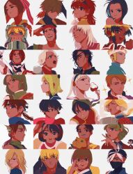 4.5j apple_(suikoden) cecile_(suikoden) character_request closed_mouth futch_(suikoden) gensou_suikoden gensou_suikoden_ii gensou_suikoden_iii gensou_suikoden_iv gensou_suikoden_v highres hugo_(suikoden_iii) kasumi_(suikoden) long_hair looking_at_viewer luc_(suikoden) mizuki_(suikoden) multiple_boys multiple_girls nanami_(suikoden) nina_(suikoden) open_mouth riou_(suikoden) sarah_(suikoden_iii) scar scar_on_face scar_on_nose short_hair sierra_mikain simple_background smile snowe_vingerhut tir_mcdohl white_background