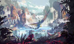 1boy absurdres arm_up asura_(guild_wars) bird blue_scales bug butterfly cloud cloudy_sky colored_skin concept_art creature day dinosaur dragon dragonfly_wings fairy fairy_dragon fantasy floating_rock flying fog full_body green_hair green_skin guild_wars_(series) guild_wars_2 highres holding holding_staff holding_weapon insect iridescent key_visual landscape necromancer non-humanoid_robot official_art outdoors pact_commander_(guild_wars_2) plant promotional_art purple_butterfly raptor red_scales richard_anderson riding robot scenery science_fiction short_hair simple_bird sky solo staff standing vines vines_around_weapon water waterfall weapon white_bird