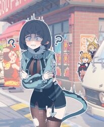 +_+ 4girls :3 ? absurdres animal_ear_fluff animal_ears asymmetrical_legwear black_hair black_pantyhose black_shorts black_thighhighs blue_eyes blush brick_wall cat_ears cat_girl cowboy_shot crossed_arms dark-skinned_female dark_skin day furry furry_female game_screenshot_background grey_jacket highres jacket jane_doe_(zenless_zone_zero) ju_fufu long_hair long_sleeves mask mouse_ears mouse_girl mouse_tail multiple_girls nekomiya_mana outdoors outline pantyhose parangmuru peeking peeking_out pulchra_fellini red_nails screenshot_background shaded_face shorts single_leg_pantyhose single_thighhigh standing tail thighhighs torn_clothes torn_pantyhose uneven_legwear white_outline worried zenless_zone_zero