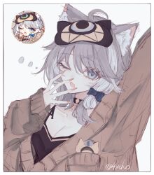 1girl 4xcho absurdres animal_ear_fluff animal_ears black_choker blue_bow blue_eyes bow breasts cat_ears cat_girl choker cipher_(honkai:_star_rail) cipher_(sweet_slumber)_(honkai:_star_rail) cleavage collarbone hair_bow highres honkai:_star_rail honkai_(series) looking_at_viewer one_eye_closed open_mouth reference_inset sleep_mask sleepwear squeans twitter_username upper_body weapon yawning