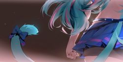 1girl andychen blue_bow blue_hair blue_skirt bow brown_background cat_tail clenched_hand copyright_request dress from_behind highres long_hair miniskirt multicolored_hair pink_hair pleated_skirt revision skirt solo streaked_hair sundress tail tail_bow tail_ornament very_long_hair virtual_youtuber