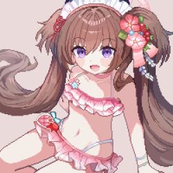 1girl :d bikini bikini_skirt blue_archive blush brown_hair flower frilled_bikini frills hair_flower hair_ornament loli long_hair looking_at_viewer open_mouth pink_bikini pixel_art purple_eyes shizuko_(blue_archive) shizuko_(swimsuit)_(blue_archive) sitting smile solo swimsuit tinia_etru twintails very_long_hair