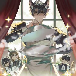 2boys 2girls :o alternate_costume animal_ear_fluff animal_ear_request animal_ears apron ascot black_dress black_eyes black_hair brown_eyes brown_hair closed_mouth commentary crossdressing curtains dress english_commentary enmaided han_sooyoung highres holding holding_tray juliet_sleeves kim_dokja long_hair long_sleeves looking_at_another maid maid_apron maid_headdress male_focus multiple_boys multiple_girls omniscient_reader&#039;s_viewpoint papercider puffy_sleeves serving_dome short_hair small_sweatdrop smoke solo_focus tray very_short_hair white_apron white_ascot window yoo_joonghyuk yoo_sangah
