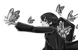 Rule 34 | 1boy, animal print, bags under eyes, black hair, black suit, bug, butterfly, butterfly on hand, coffin, double-parted bangs, e.g.o (project moon), formal clothes, from side, gloves, hair between eyes, highres, insect, limbus company, male focus, merukosu, project moon, reaching, solemn lament (e.g.o), solo, suit, upper body, white background, white butterfly, white gloves, yi sang (project moon)