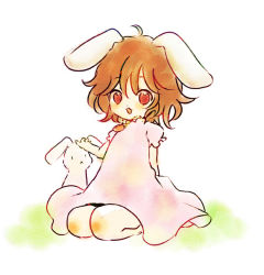 1girl animal_ears bad_id bad_pixiv_id brown_hair rabbit rabbit_ears dress female_focus ica inaba_tewi outdoors plant red_eyes short_hair sitting solo touhou white_background