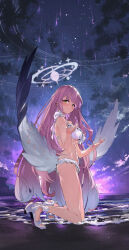 1girl bikini blue_archive blue_hair blue_halo breasts commentary_request from_side full_body gradient_hair grin halo highres kneeling kurotsuki_machi large_breasts long_hair looking_at_viewer looking_to_the_side mika_(blue_archive) mika_(swimsuit)_(blue_archive) multicolored_hair navel pink_hair shore sky smile solo star_(sky) starry_sky swimsuit very_long_hair water white_bikini white_wings wings yellow_eyes