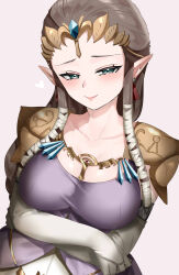 1girl armor breasts brown_hair closed_mouth commentary_request crossed_arms dress earrings elbow_gloves gloves green_eyes heart highres jewelry large_breasts long_hair looking_at_viewer nintendo pink_background pointy_ears princess_zelda purple_dress shoulder_armor sidelocks simple_background smile solo the_legend_of_zelda the_legend_of_zelda:_twilight_princess tiara upper_body wasabi_(legemd) white_gloves