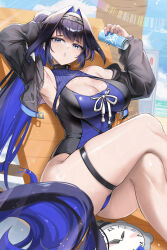 1girl armpits beach black_hair black_jacket blue_eyes blue_hair blue_nails blue_one-piece_swimsuit blush breasts burnt_green_tea can chain chain_headband chair cleavage cleavage_cutout clothing_cutout colored_inner_hair commentary covered_navel cropped_jacket crossed_legs drawstring drink_can english_commentary fingernails groin hair_intakes halterneck hand_in_own_hair hand_up high_ponytail highleg highleg_one-piece_swimsuit highres holding holding_can hololive hololive_english holonatsu_paradise jacket knees_up kronie_(ouro_kronii) large_breasts long_hair long_sleeves looking_at_viewer lounge_chair multicolored_hair off_shoulder official_alternate_costume one-piece_swimsuit open_clothes open_jacket ouro_kronii ouro_kronii_(holonatsu_paradise) outdoors parted_lips ponytail sitting skindentation soda_can solo swimsuit thick_thighs thigh_strap thighs two-tone_hair very_long_hair virtual_youtuber
