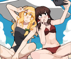 2girls barefoot beach bikini black_eyes black_one-piece_swimsuit blue_sky bow braid brown_hair cellphone cloud commentary expressionless green_bow hair_tubes hakurei_reimu headhonchkrow highres holding holding_phone kirisame_marisa long_hair looking_at_another looking_to_the_side multiple_girls navel no_headwear one-piece_swimsuit phone red_bikini selfie single_braid sitting sky smartphone swimsuit touhou umbrella v