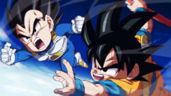 Rule 34 | 2boys, armor, black eyes, black hair, boots, commentary request, dougi, dragon ball, dragon ball daima, gloves, holding, holding staff, male focus, multiple boys, rom (20), ruyi jingu bang, son goku, staff, vegeta, white boots, white gloves, wristband