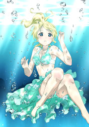 10s 1girl aqua_bikini ayase_eli barefoot bikini blonde_hair blue_eyes bubble female_focus freediving hair_ornament hairclip holding_breath long_hair love_live! love_live!_school_idol_festival love_live!_school_idol_project oku_no_shi ponytail solo swimming swimsuit underwater
