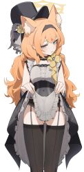 1girl absurdres alternate_hairstyle animal_ears blue_archive blue_eyes blush breasts cat_ears clothes_lift garter_belt hair_between_eyes hair_ornament hairband halo hat highres looking_at_viewer low_twintails mari_(blue_archive) maton_3110 official_alternate_costume orange_hair panties simple_background small_breasts solo thighhighs twintails underwear white_background