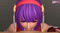1boy 1girl 3d animated asamiya_athena fellatio gloves hairband hetero highres looking_at_viewer nekomathas oral pov psycho_soldier purple_eyes purple_hair short_hair snk sound star_(symbol) tagme the_king_of_fighters the_king_of_fighters_xv video