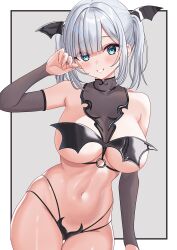Rule 34 | 1girl, absurdres, alternate costume, blush, breasts, commentary request, green eyes, grey hair, haruo860, head wings, highres, kaga sumire, looking at viewer, mole, mole under eye, navel, solo, virtual youtuber, vspo!, wings