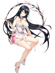 Rule 34 | 1girl, absurdres, bare legs, bare shoulders, black hair, blue eyes, breasts, cleavage, closers, cutout above navel, detached collar, flower, full body, gradient clothes, grin, hair flower, hair ornament, high heels, highres, invisible chair, jewelry, long hair, looking at viewer, medium breasts, miniskirt, necklace, official art, one eye closed, pink skirt, shirt, side slit, simple background, sitting, skirt, sleeveless, sleeveless shirt, smile, solo, spaghetti strap, thighs, very long hair, white background, white shirt, wristband, yuri seo