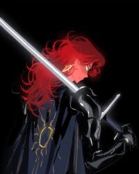 1girl armor black_background cape claymore_(sword) daeun_min dungeons_&amp;_dragons earrings from_behind gauntlets highres jewelry long_hair looking_at_viewer original pauldrons red_hair shoulder_armor simple_background sun_symbol sword weapon yellow_eyes