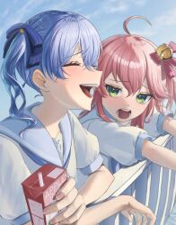 Rule 34 | 1girl, :d, ahoge, alternate costume, apple juice, bell, blue hair, blue ribbon, blue sailor collar, blue sky, closed eyes, commentary request, drinking straw, fingernails, green eyes, hair bell, hair between eyes, hair ornament, hair ribbon, highres, holding juice box, hololive, hoshimachi suisei, juice, looking at another, open mouth, pink hair, ribbon, sailor collar, sakura miko, sakurano.neko, school uniform, shirt, side ponytail, sky, smile, solo, teeth, tongue, upper teeth only, virtual youtuber, white shirt