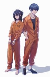 Rule 34 | 2boys, barefoot, black eyes, black hair, black shirt, black shoes, blue hair, collarbone, collared jumpsuit, commentary request, cuffs, full body, hair between eyes, handcuffs, hands in pockets, highres, jewelry, jumpsuit, long hair, looking at viewer, male focus, mole, mole under mouth, moxamog, multiple boys, necklace, open mouth, orange eyes, orange jumpsuit, original, parted lips, partially unzipped, prison clothes, puzzle piece ornament, shadow, shirt, shoes, short hair, simple background, standing, toes, white background, zipper pull tab