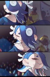 2girls 3koma bare_shoulders big_man_(splatoon) blue_hair blue_shawl blurry blurry_background cephalopod_eyes chest_sarashi chromatic_aberration closed_eyes closed_mouth comic commentary_request concert dark-skinned_female dark_skin earrings film_grain frye_(deep_cut_outfit)_(splatoon) frye_(splatoon) glowstick grin hair_over_one_eye hairband hand_on_own_chest highres horizontal_pupils inkling jewelry letterboxed medium_hair multiple_earrings multiple_girls nintendo octoling one_eye_covered pale_skin prat_rat profile red_eyes sarashi see-through_clothes see-through_shawl shawl shiver_(deep_cut_outfit)_(splatoon) shiver_(splatoon) silent_comic smile solo_focus splatoon_(series) splatoon_3 suction_cups sweat tentacle_hair tooth_earrings white_hairband