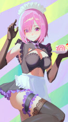 1girl absurdres black_gloves black_thighhighs breasts cleavage cleavage_cutout closed_mouth clothing_cutout crop_top elbow_gloves eyes_visible_through_hair fate/grand_order fate_(series) gloves highres holding holding_plate looking_at_viewer maid_headdress mash_kyrielight medium_breasts midriff miniskirt navel pink_hair plate pleated_skirt purple_skirt red_eyes rinchen_garun short_hair skirt sleeveless smile solo stomach straight_hair thigh_strap thighhighs zettai_ryouiki