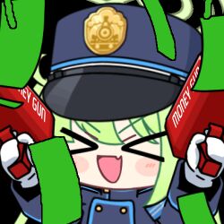 &gt;_&lt; 1girl :d acomu414 animated animated_gif banknote blue_archive blush_stickers buttons cash_cannon chibi commentary double-breasted dual_wielding english_commentary fang gloves green_hair green_halo halo hat holding long_sleeves lowres money nozomi_(blue_archive) open_mouth peaked_cap skin_fang smile train_conductor transparent_background upper_body v-shaped_eyebrows white_gloves