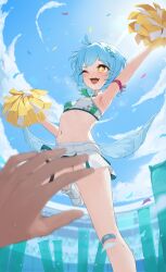 1girl absurdres arm_up armpits artist_request bandaid bandaid_on_knee bandaid_on_leg blue_hair blue_sky breasts cheerleader commission crop_top day fang hair_ornament highres holding holding_pom_poms leg_up navel one_eye_closed open_mouth original pom_pom_(cheerleading) pom_poms pov pov_hands second-party_source shoes short_hair skin_fang skirt sky small_breasts smile sneakers solo_focus star_(symbol) star_hair_ornament stomach sweat white_shoes white_skirt yellow_eyes