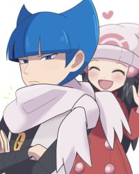 1boy 1girl :d beanie black_shirt blue_eyes blue_hair blunt_bangs borrowed_accessory closed_eyes closed_mouth coat commentary_request crossed_arms dawn_(pokemon) frown hair_ornament hairclip hat heart highres long_sleeves nakikot_t nintendo notice_lines open_mouth pokemon pokemon_dppt pokemon_platinum red_coat saturn_(pokemon) scarf shirt short_hair sidelocks smile team_galactic team_galactic_uniform white_scarf