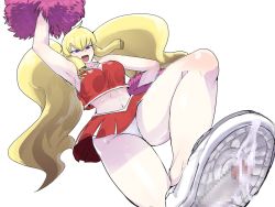 Rule 34 | 1girl, blonde hair, blue eyes, breasts, censored, cheerleader, cum, ejaculation, emily (mon-musu quest!), erection, happy, long hair, mon-musu quest!, penis, shoes, sneakers