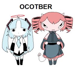 2girls absurdres ahoge angel black_eyes chewchewer cosplay demon_girl demon_horns demon_tail detached_ahoge drill_hair halloween_costume halo hatsune_miku hatsune_miku_(cosplay) highres horns kappa_(chewchewer) kasane_teto kasane_teto_(cosplay) kasane_teto_(utau) looking_at_viewer multiple_girls necktie nyan_(chewchewer) oekaki original tail twin_drills twintails utau vocaloid white_background