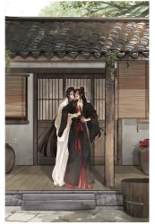 2boys architecture artist_name black_hair black_hanfu chinese_clothes closed_eyes commentary dizi east_asian_architecture english_commentary fern_arts flute full_body hair_ribbon hand_under_clothes hanfu headband high_ponytail highres holding holding_flute holding_instrument instrument lan_wangji long_hair long_sleeves loquat modao_zushi multiple_boys open_mouth outdoors ponytail porch red_ribbon ribbon sash smile stairs standing stone_stairs transverse_flute tree wei_wuxian white_hanfu white_headband wide_sleeves window window_blinds yaoi