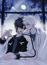 Rule 34 | 2boys, bed sheet, black eyes, black hair, black jacket, black shirt, cheng xiaoshi, closed eyes, collared shirt, fang, full moon, hair between eyes, highres, holding hands, indoors, jacket, long sleeves, looking at another, lu guang, male focus, messy hair, moon, multicolored jacket, multiple boys, night, on bed, open clothes, open jacket, open mouth, shiguang dailiren, shirt, short hair, sitting, smile, teeth, under covers, upper body, white hair, white jacket, white shirt, window, yaoi, yolu gin
