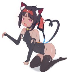 1girl absurdres animal_ears bare_shoulders black_gloves black_hair black_leotard black_thighhighs breasts cat_ears cat_girl cat_tail covered_erect_nipples covered_navel dark-skinned_female dark_skin dot_nose elbow_gloves embarrassed extra_tails eyebrows eyelashes fang female_focus fingerless_gloves from_side full_body gloves hair_ribbon hand_up highres kneeling leaning_forward leotard loli looking_at_viewer looking_to_the_side maricidevi medium_hair mihoyo nekomata nekomiya_mana open_mouth pink_eyes ponytail red_ribbon ribbon simple_background skin_fang small_breasts solo tail thighhighs white_background zenless_zone_zero