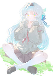1girl absurdres alternate_costume blue_ribbon blush brown_hairband brown_skirt crossed_legs firefly_(honkai:_star_rail) gradient_hair green_pupils grey_hair grey_sweater hair_between_eyes hair_intakes hair_ornament hair_ribbon hairband highres honkai:_star_rail honkai_(series) hua_(yijing) long_hair multicolored_eyes multicolored_hair neckerchief open_mouth red_neckerchief ribbon skirt solo sweater thighhighs white_thighhighs
