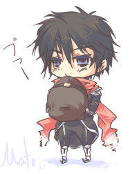 1boy assassin_cross_(ragnarok_online) black_hair black_pants black_shirt brown_hat chibi chibi_only closed_mouth commentary_request expressionless full_body grey_eyes hair_between_eyes hat holding holding_unworn_clothes holding_unworn_hat long_bangs looking_at_viewer male_focus matoyuuki messy_hair newsboy_cap pants ragnarok_online red_scarf scarf shirt short_hair solo standing unworn_hat unworn_headwear