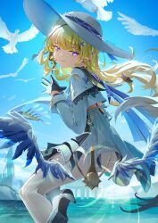 Rule 34 | 1girl, absurdres, black bow, black collar, black gloves, blonde hair, blue sash, blue sky, bow, closed mouth, collar, commentary, day, floating hair, from side, gloves, hair bow, hair ornament, hat, high-waist skirt, highres, jelmul, long hair, long sleeves, looking at viewer, outdoors, own hands together, pantyhose, phoebe (wuthering waves), purple eyes, sash, shirt, skirt, sky, smile, solo, striped bow, tacet mark (wuthering waves), twitter username, white hat, white pantyhose, white shirt, white skirt, wuthering waves, x hair ornament